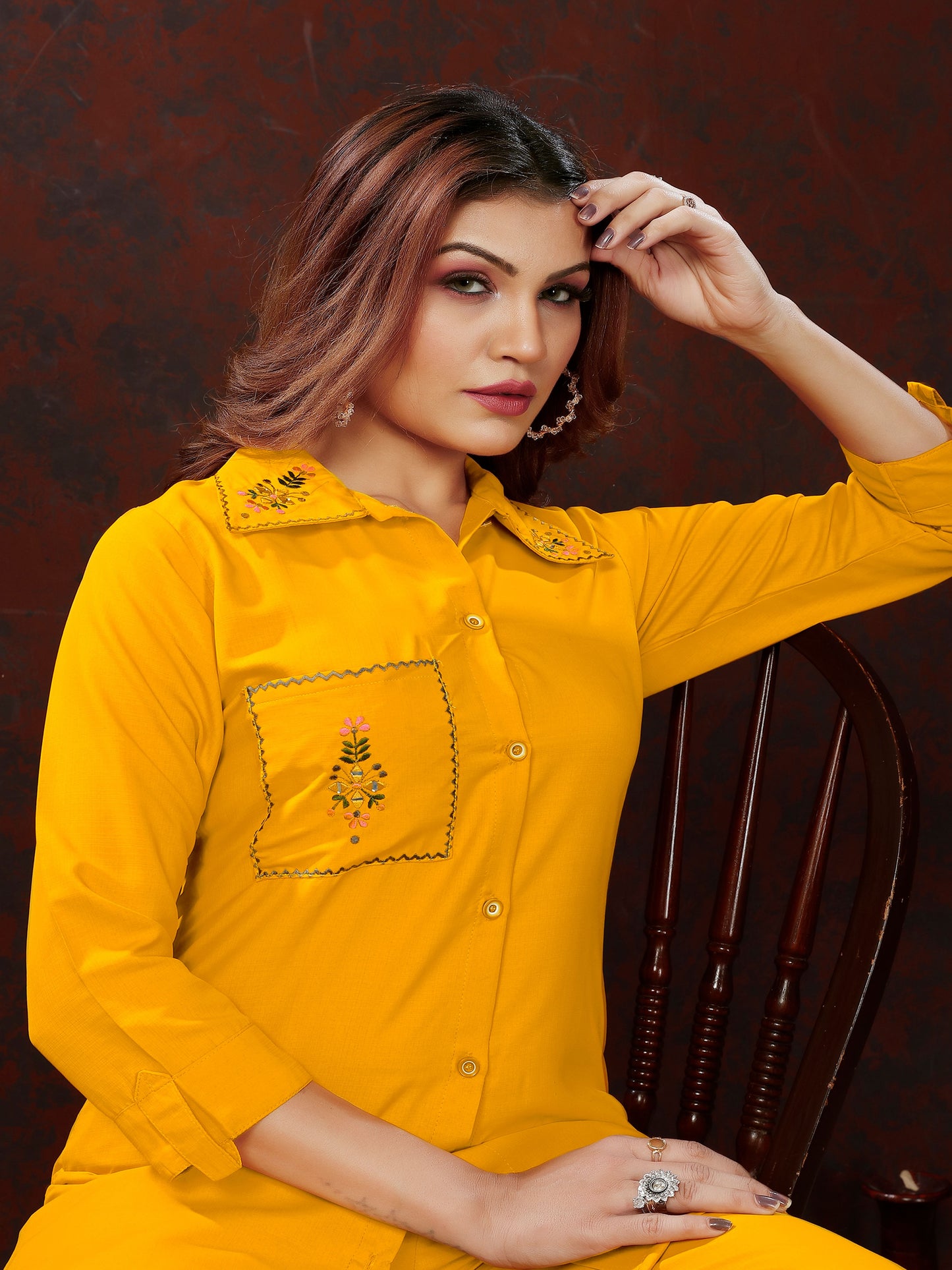 Yellow Handwork Mirror Embellished Co-ord Set – Stylish Casual Office Wear for Women