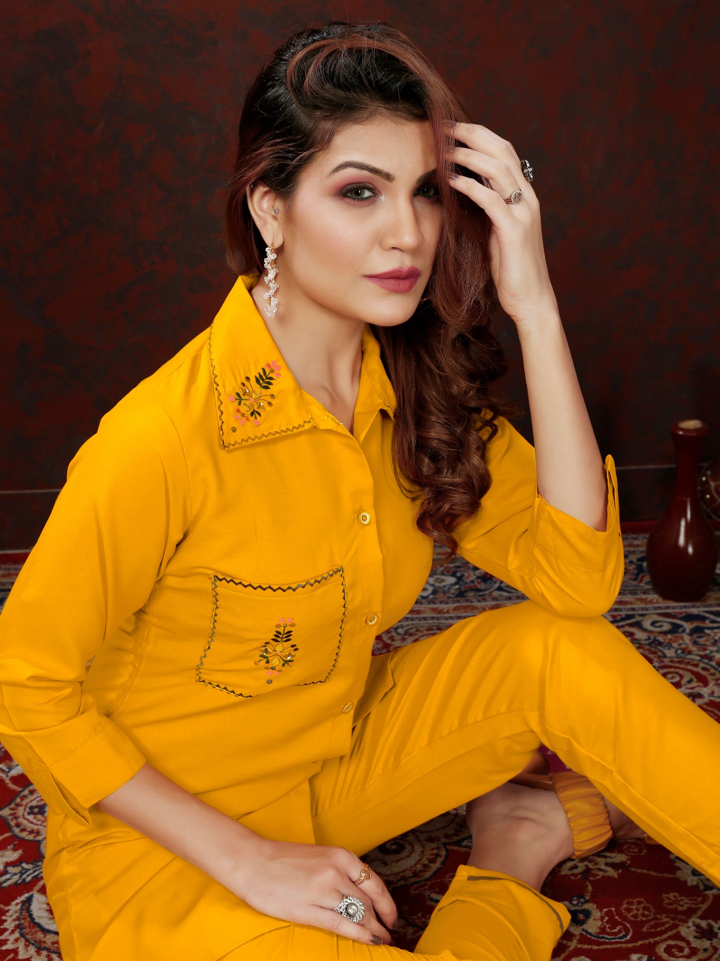 Yellow Handwork Mirror Embellished Co-ord Set – Stylish Casual Office Wear for Women