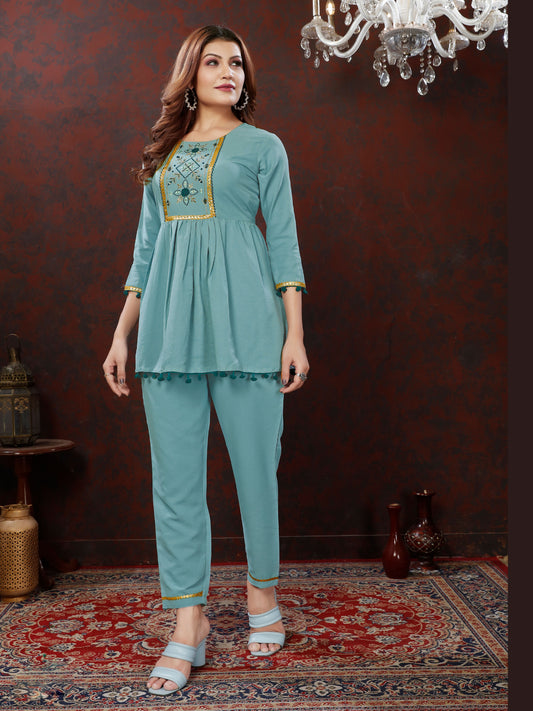 Blue Handwork Mirror Embellished Co-ord Set – Stylish Casual Office Wear for Women