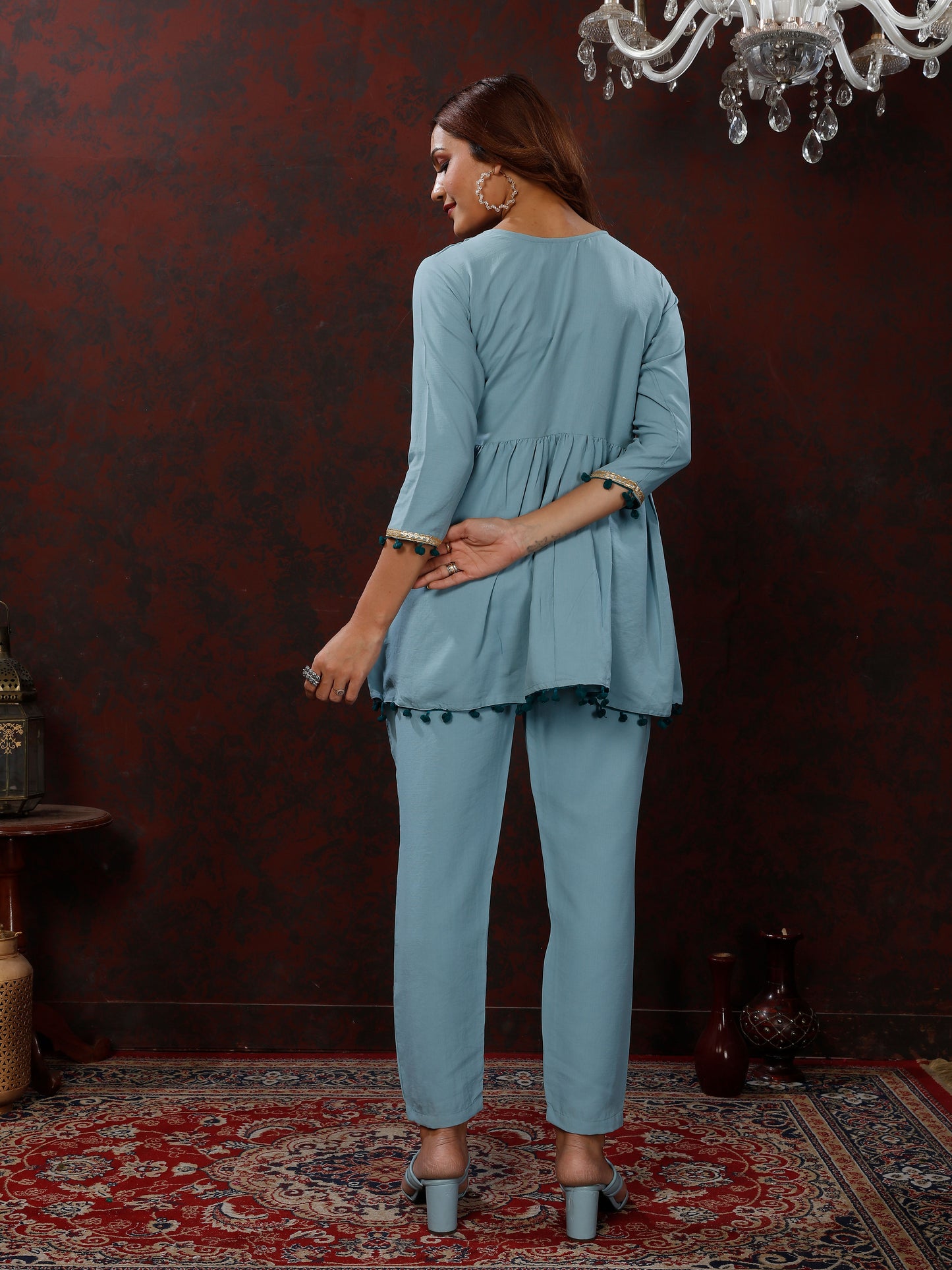 Blue Handwork Mirror Embellished Co-ord Set – Stylish Casual Office Wear for Women