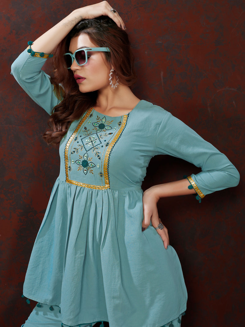 Blue Handwork Mirror Embellished Co-ord Set – Stylish Casual Office Wear for Women