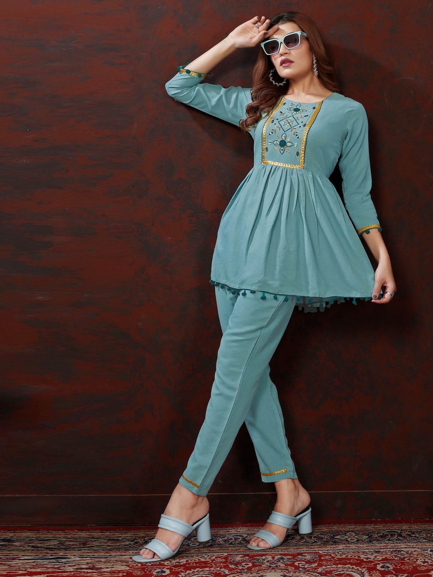 Blue Handwork Mirror Embellished Co-ord Set – Stylish Casual Office Wear for Women