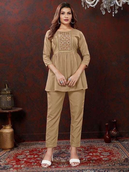 Brown Handwork Mirror Embellished Co-ord Set – Stylish Casual Office Wear for Women