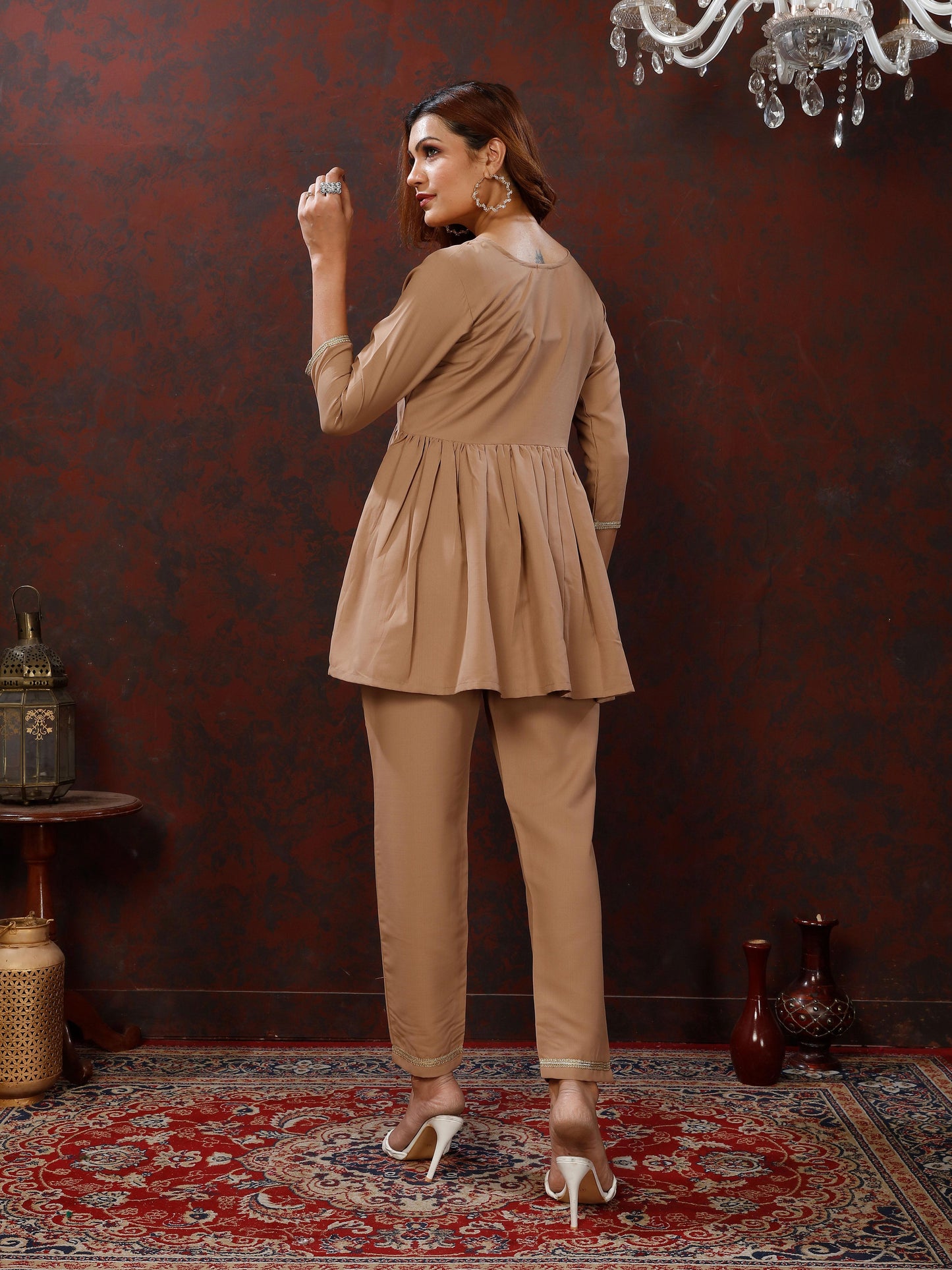 Brown Handwork Mirror Embellished Co-ord Set – Stylish Casual Office Wear for Women