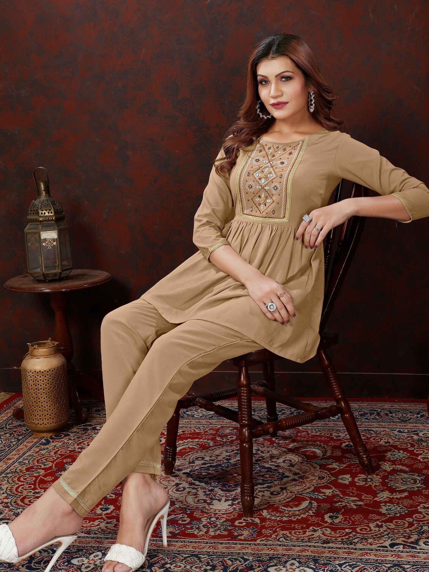 Brown Handwork Mirror Embellished Co-ord Set – Stylish Casual Office Wear for Women