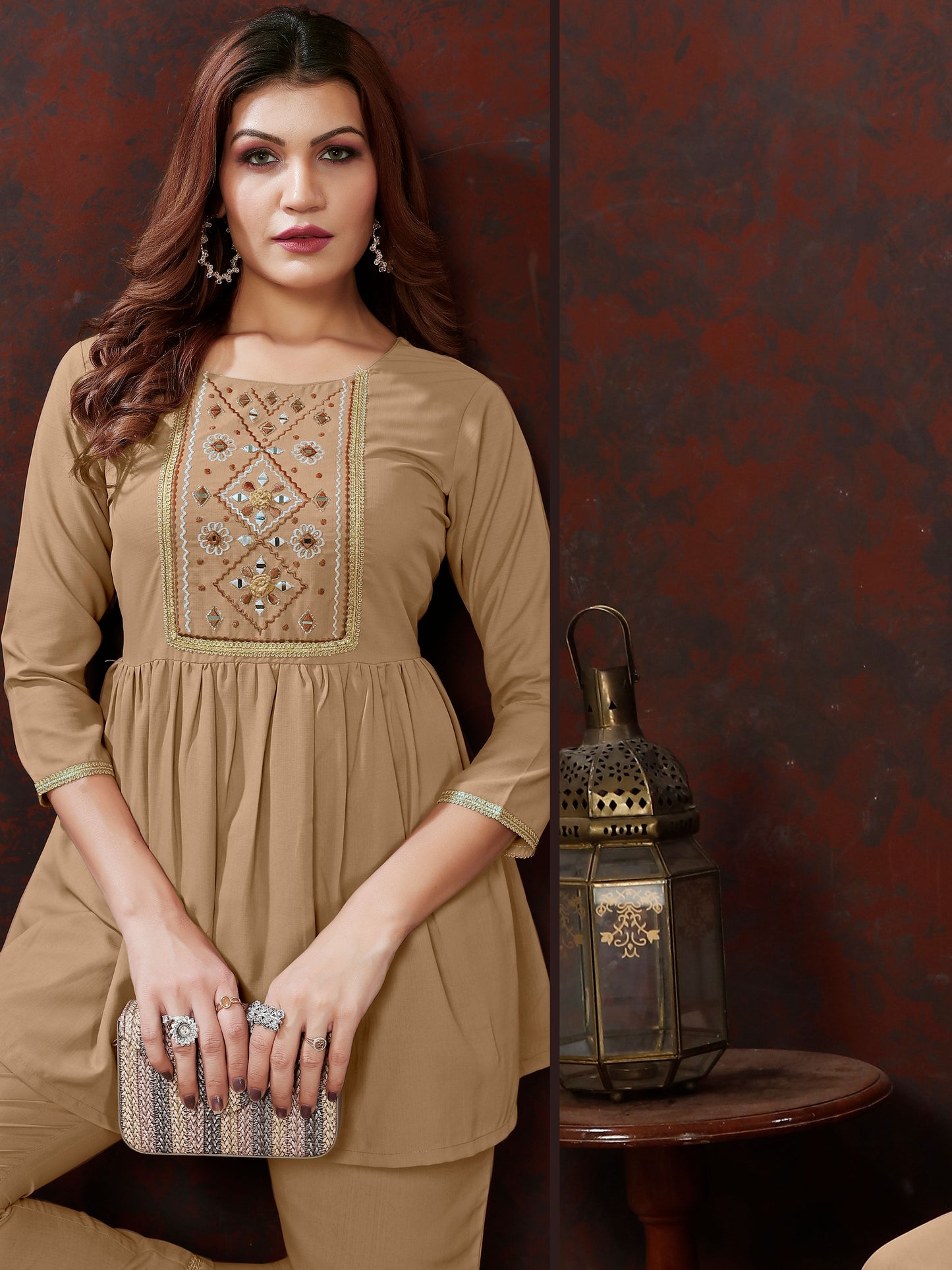 Brown Handwork Mirror Embellished Co-ord Set – Stylish Casual Office Wear for Women