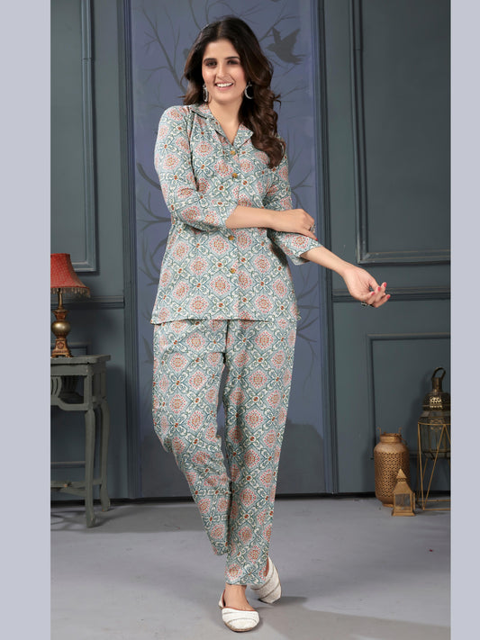 Blue Grey Printed Rayon Stylish Co-ord Sets for Office Daily Workwear Looks