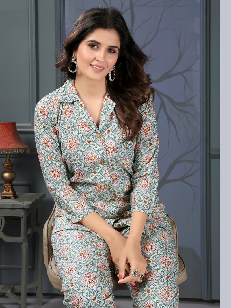 Blue Grey Printed Rayon Stylish Co-ord Sets for Office Daily Workwear Looks