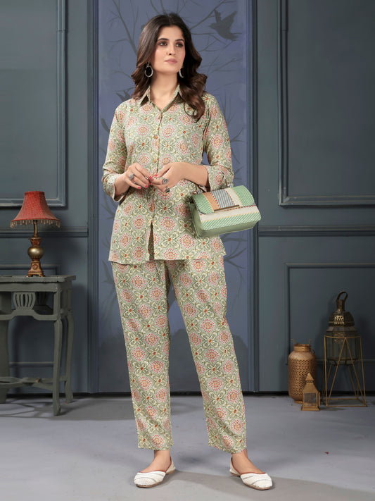 Brown Green Printed Rayon Stylish Co-ord Sets for Office Daily Workwear Looks