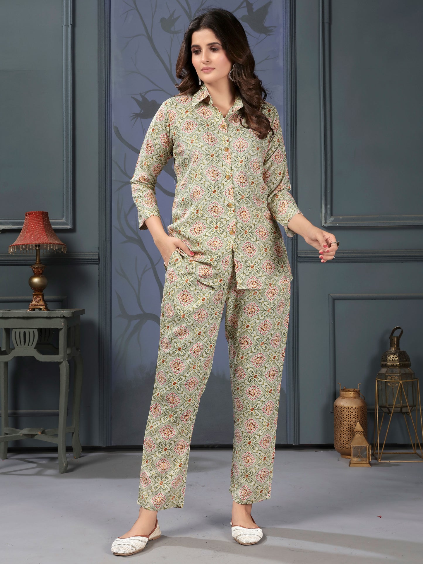 Brown Green Printed Rayon Stylish Co-ord Sets for Office Daily Workwear Looks