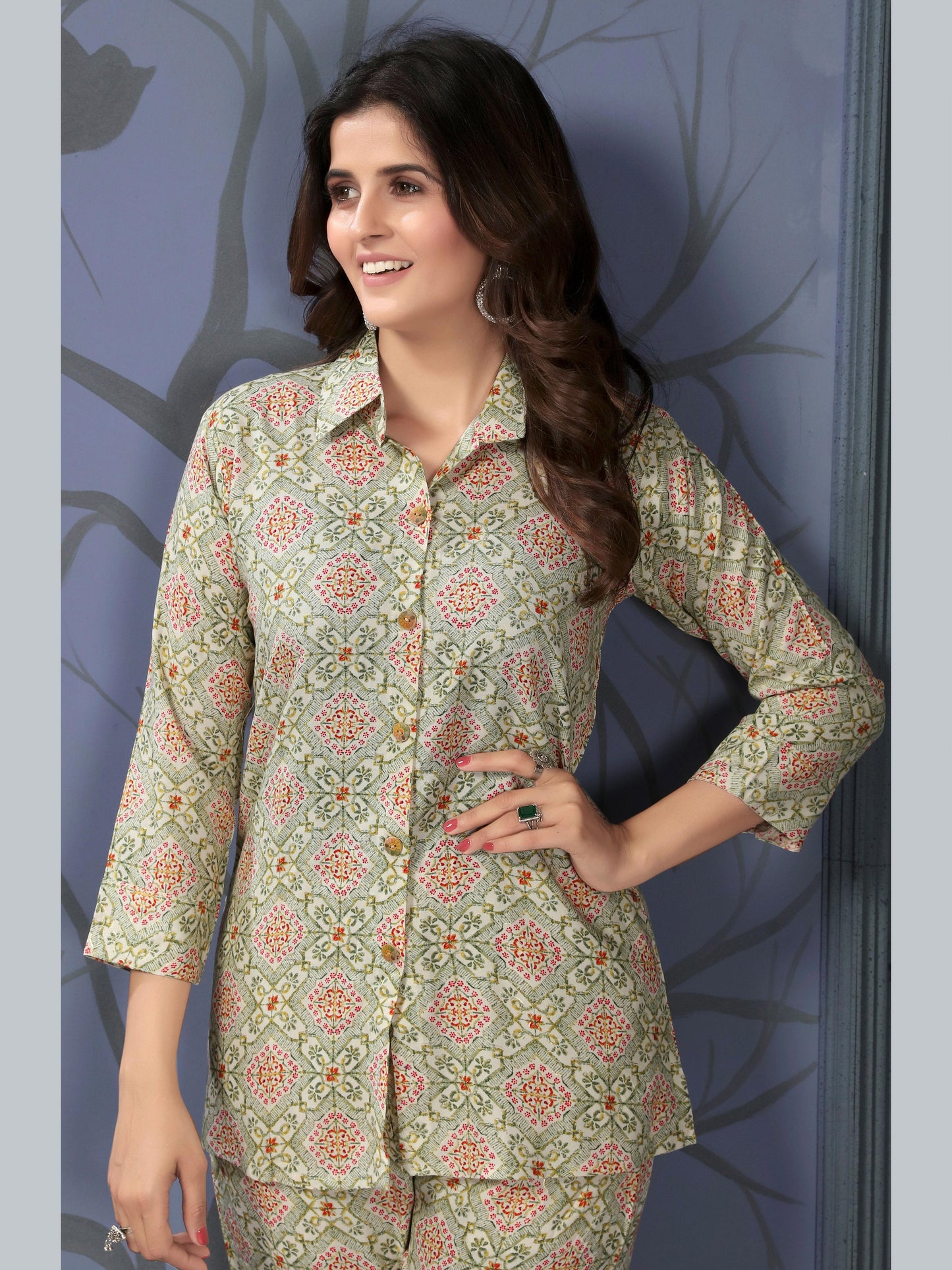 Brown Green Printed Rayon Stylish Co-ord Sets for Office Daily Workwear Looks
