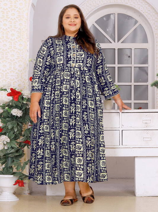 Navy Blue Plus Size Printed Maxi Gown – Elegant Long Dress for Women
