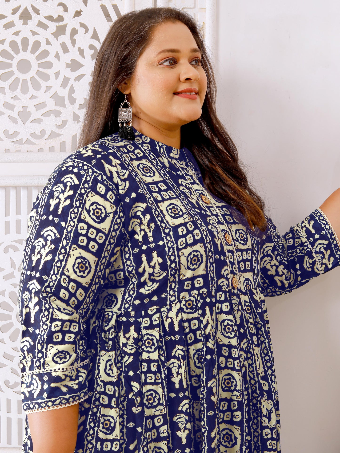 Navy Blue Plus Size Printed Maxi Gown – Elegant Long Dress for Women