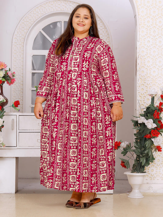 Pinkish Red Plus Size Printed Maxi Gown – Elegant Long Dress for Women
