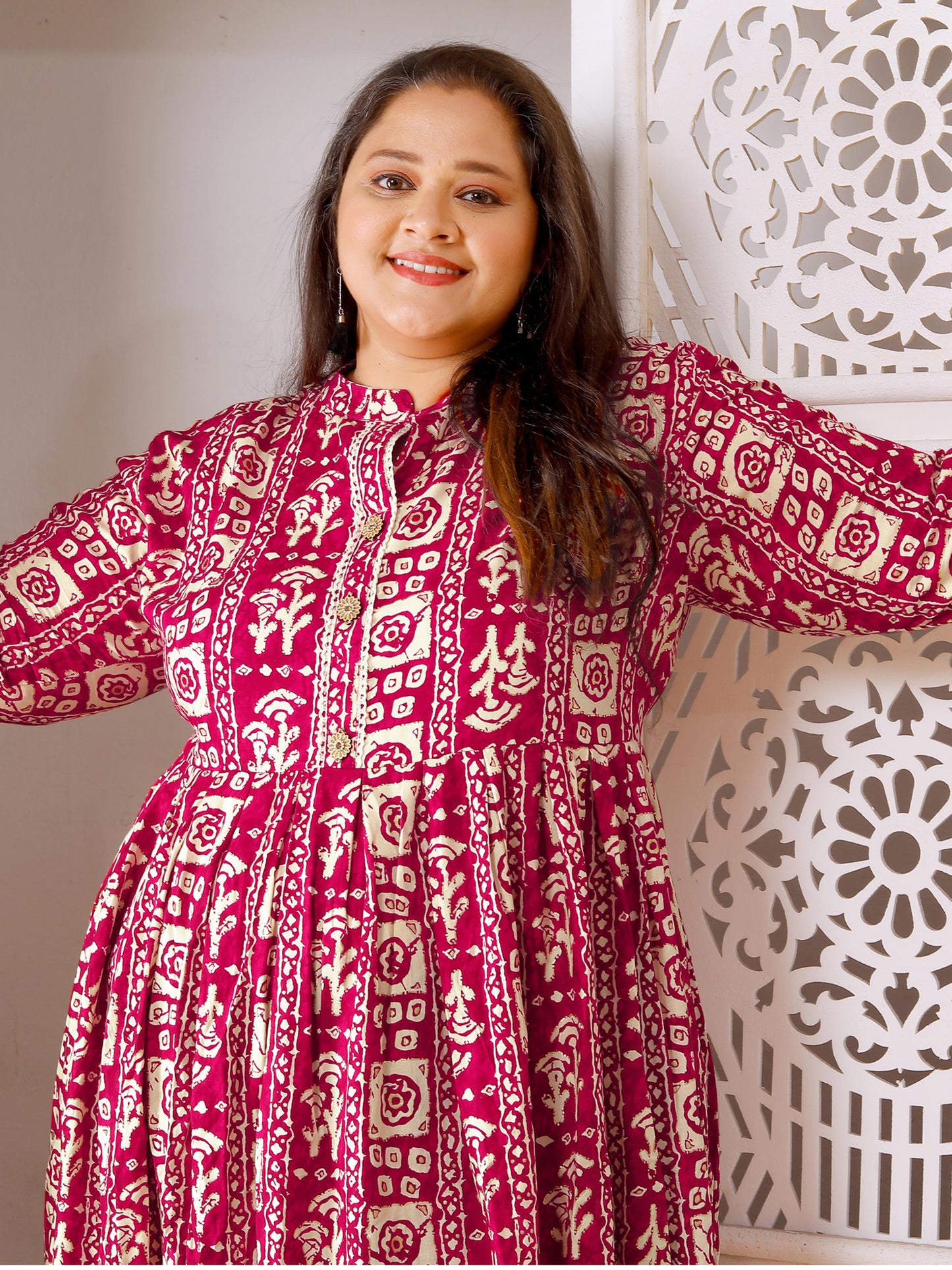 Pinkish Red Plus Size Printed Maxi Gown – Elegant Long Dress for Women