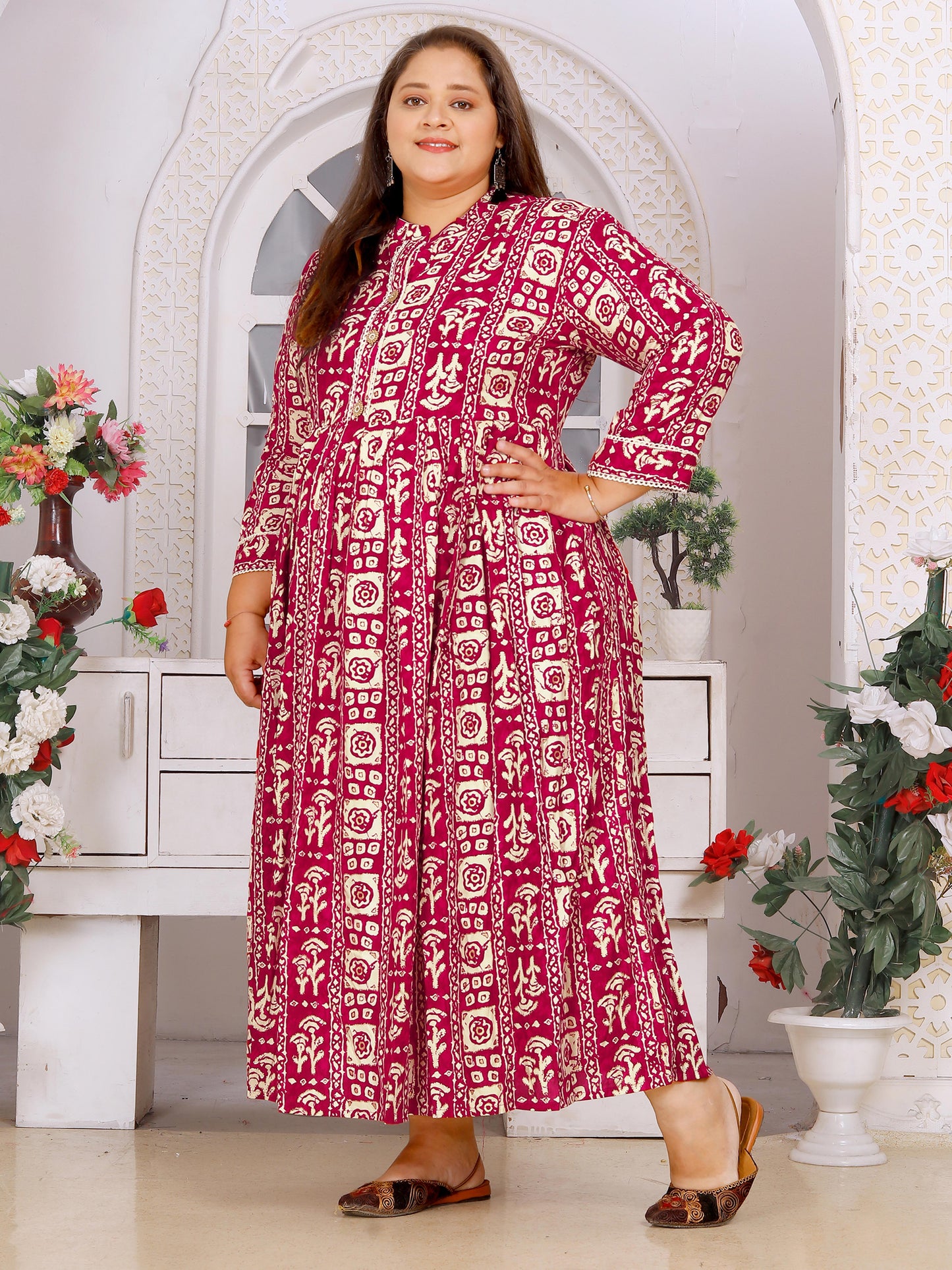 Pinkish Red Plus Size Printed Maxi Gown – Elegant Long Dress for Women