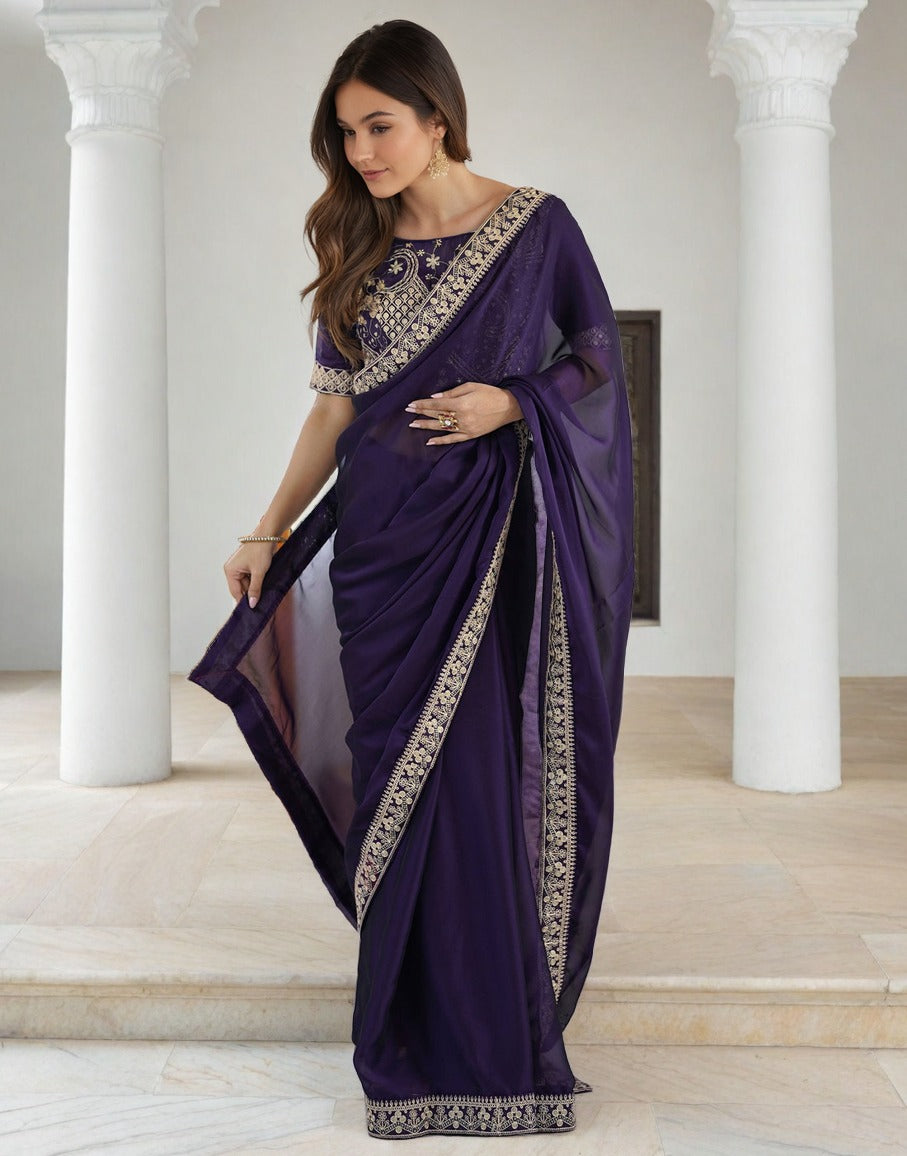 Purple Silk Saree with Sequins and Matching Blouse Piece