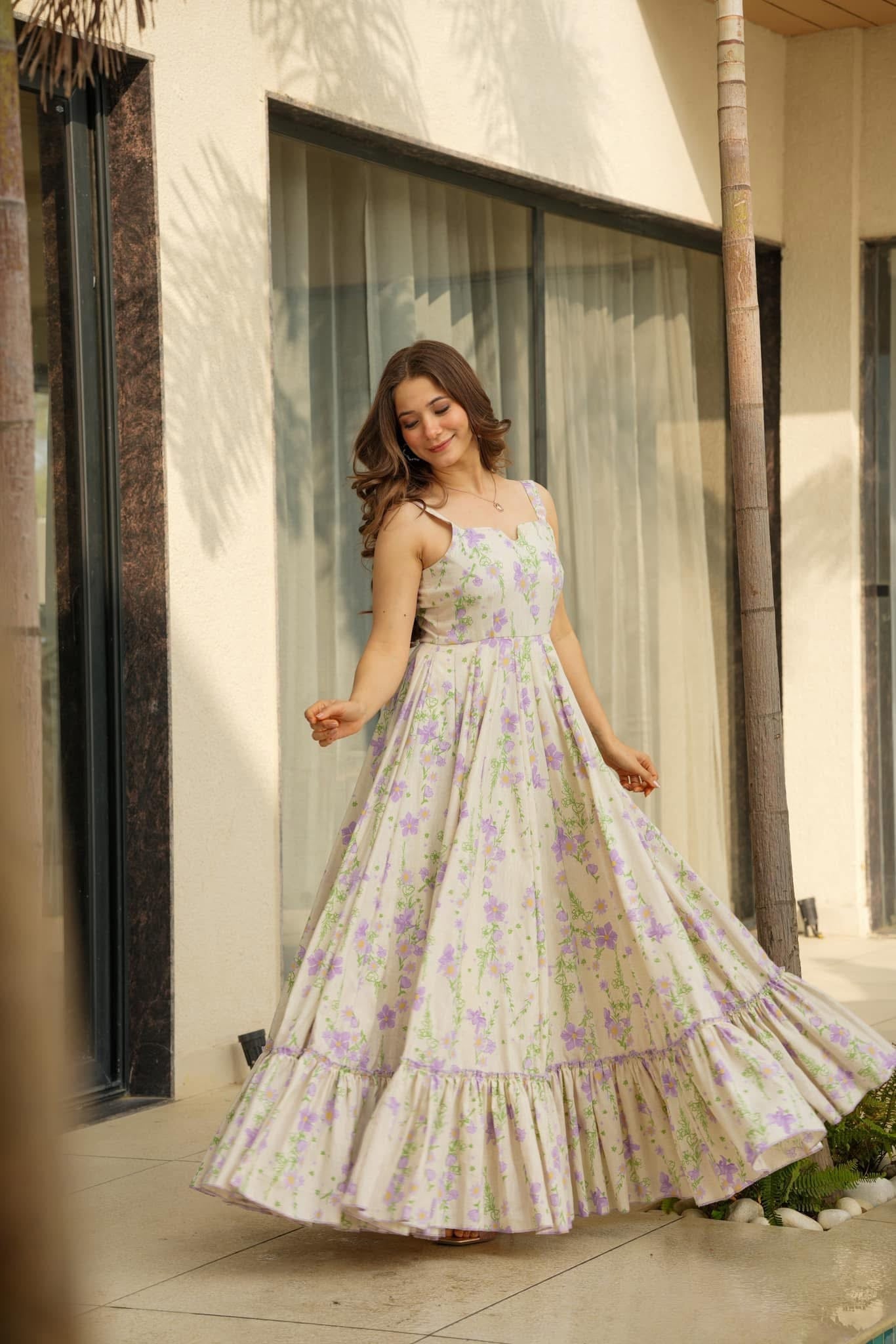 Purple White Rayon Floral Print Fit & Flare Dress with Shoulder Straps