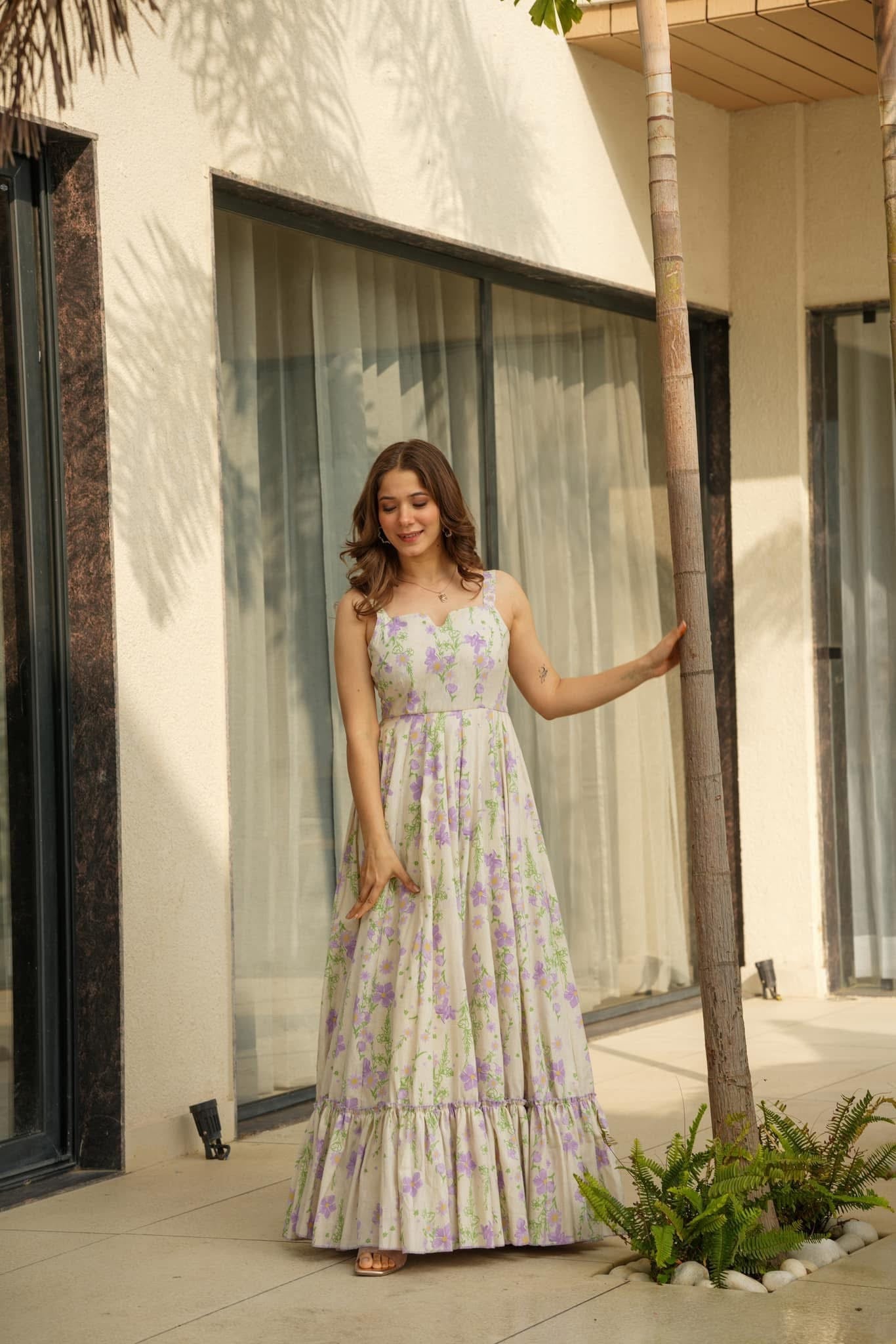Purple White Rayon Floral Print Fit & Flare Dress with Shoulder Straps