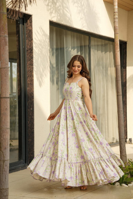 Purple White Rayon Floral Print Fit & Flare Dress with Shoulder Straps