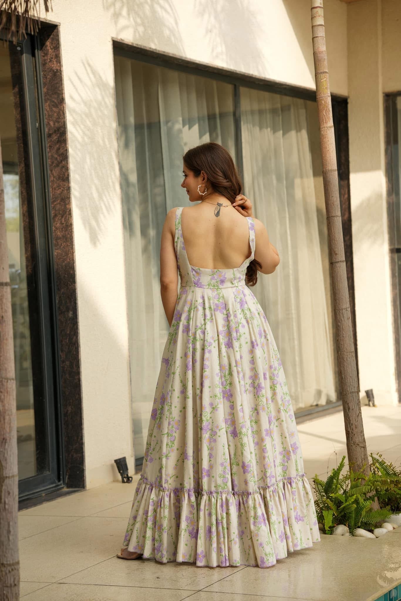 Purple White Rayon Floral Print Fit & Flare Dress with Shoulder Straps