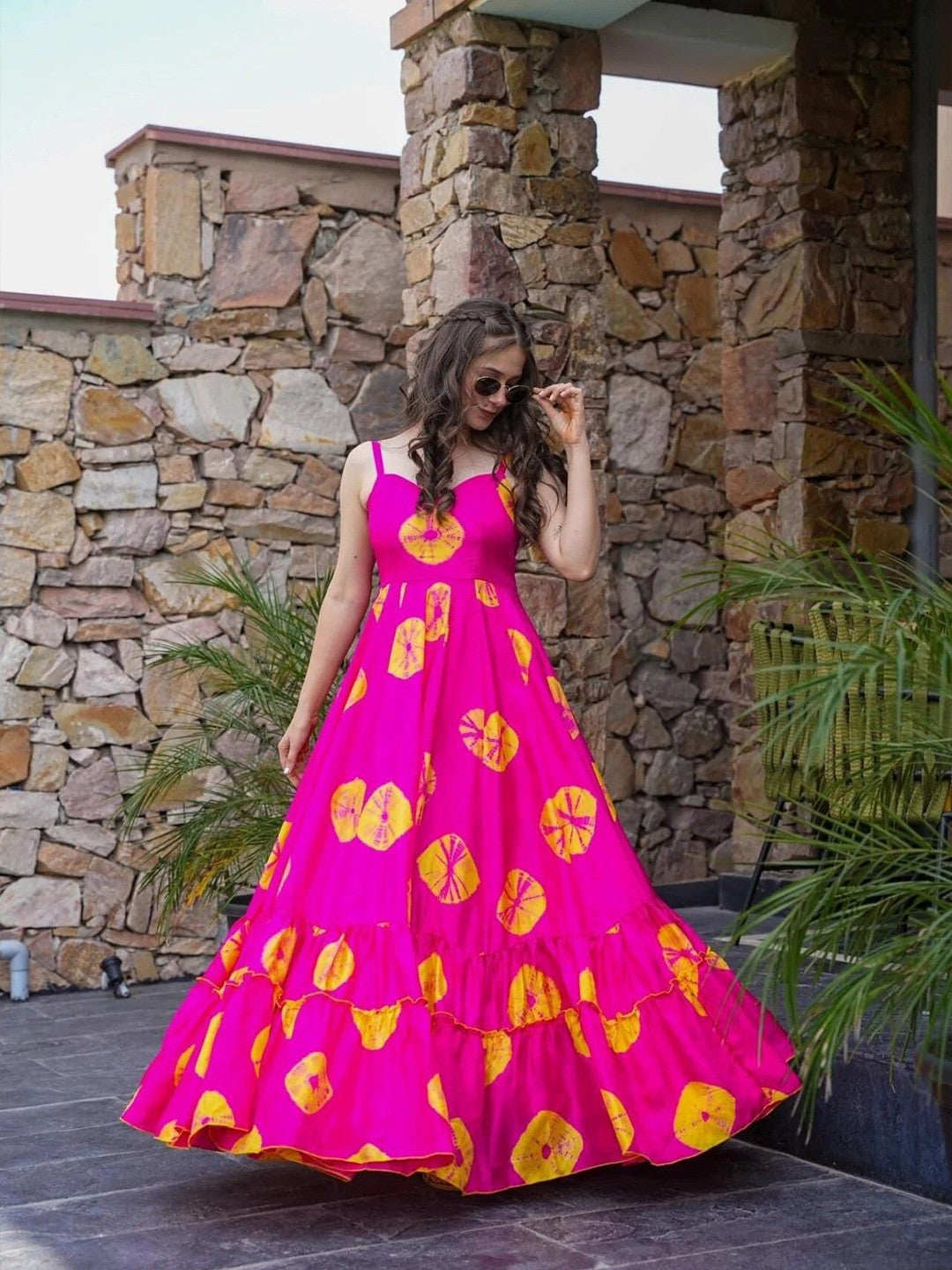 Magenta Pink Tie-Dye Print Fit & Flare Dress with Shoulder Straps