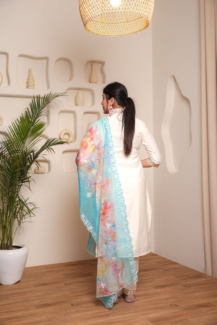 White Embroidered Kurta Set with Dupatta – Festive & Wedding Outfit