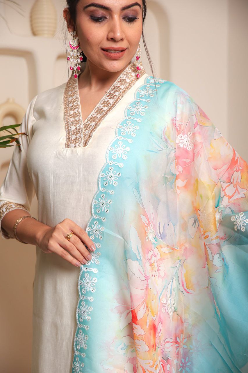 White Embroidered Kurta Set with Dupatta – Festive & Wedding Outfit