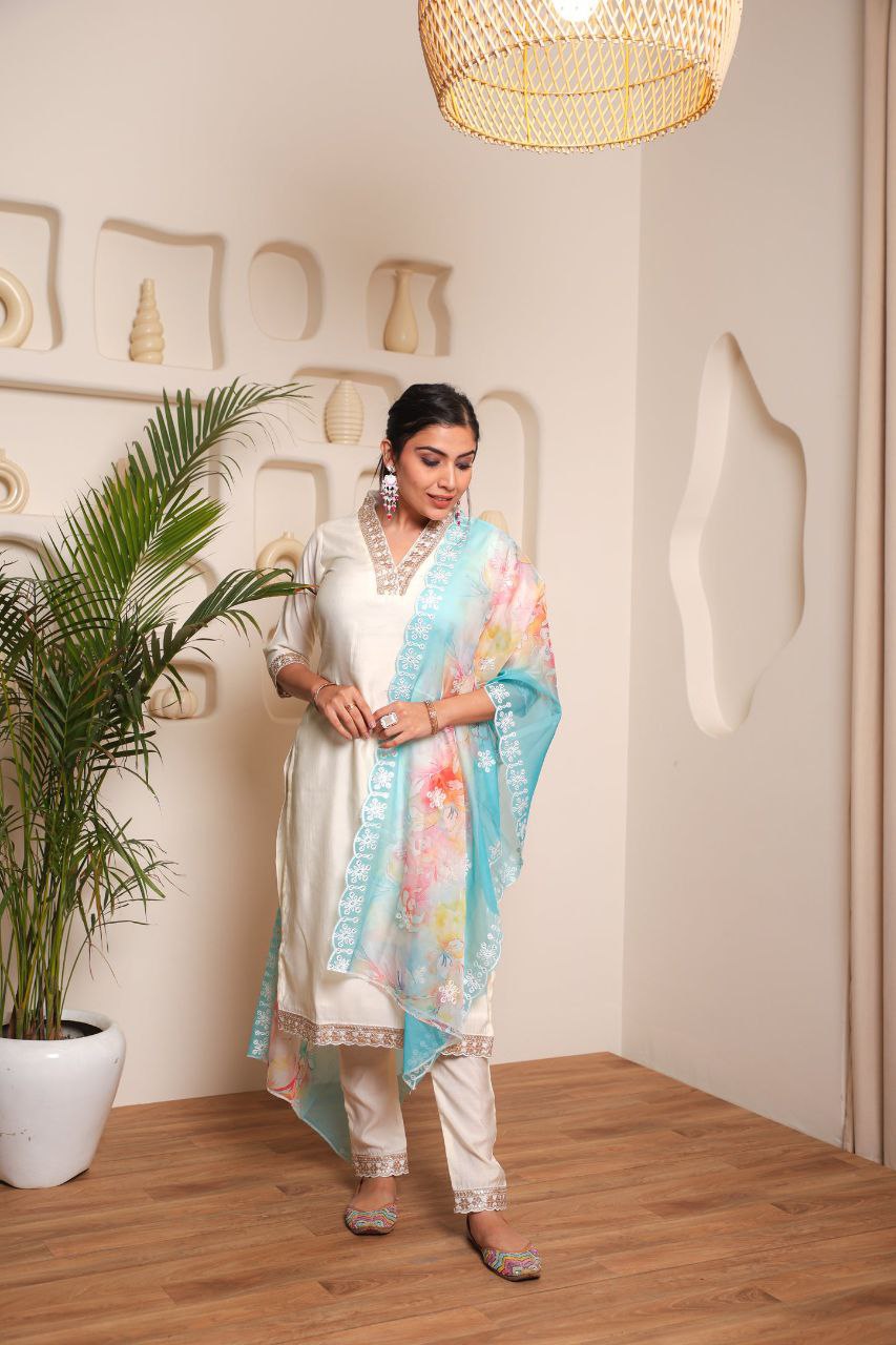 White Embroidered Kurta Set with Dupatta – Festive & Wedding Outfit
