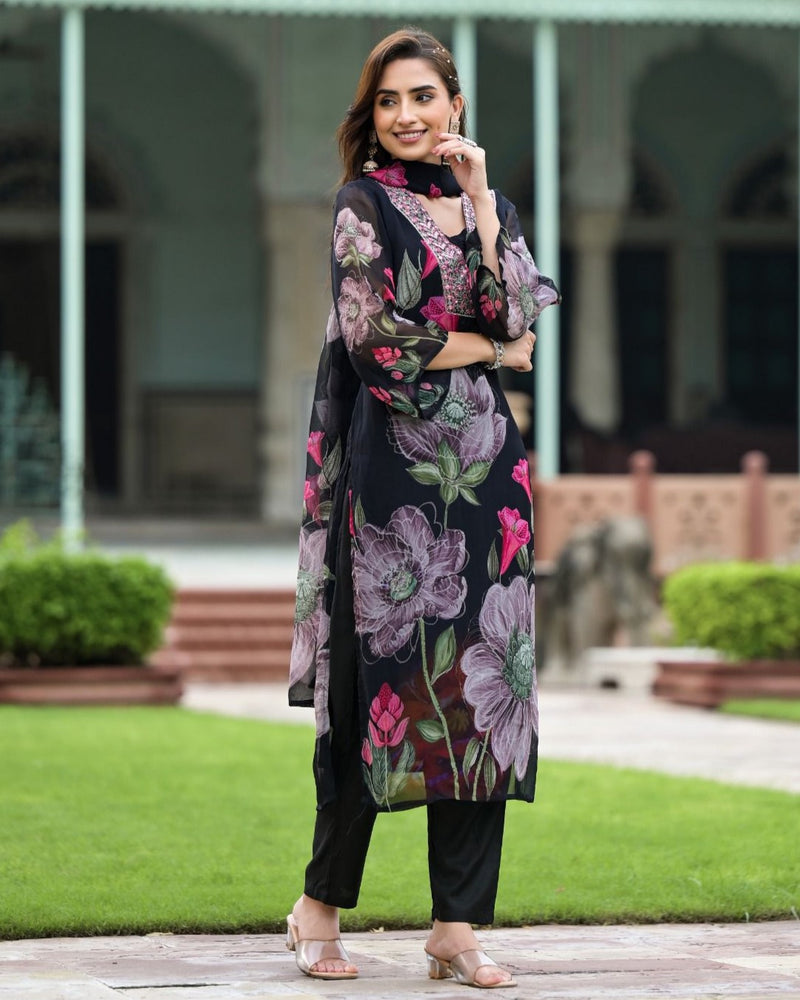 Black Floral Print Embroidered Yoke Kurta Set with Dupatta – Elegant Ethnic Wear for Women
