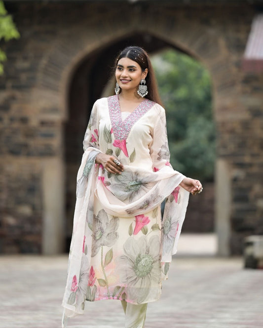 Chic White Floral Print Kurta Set with Dupatta – Embroidered Neckline Ethnic Suit