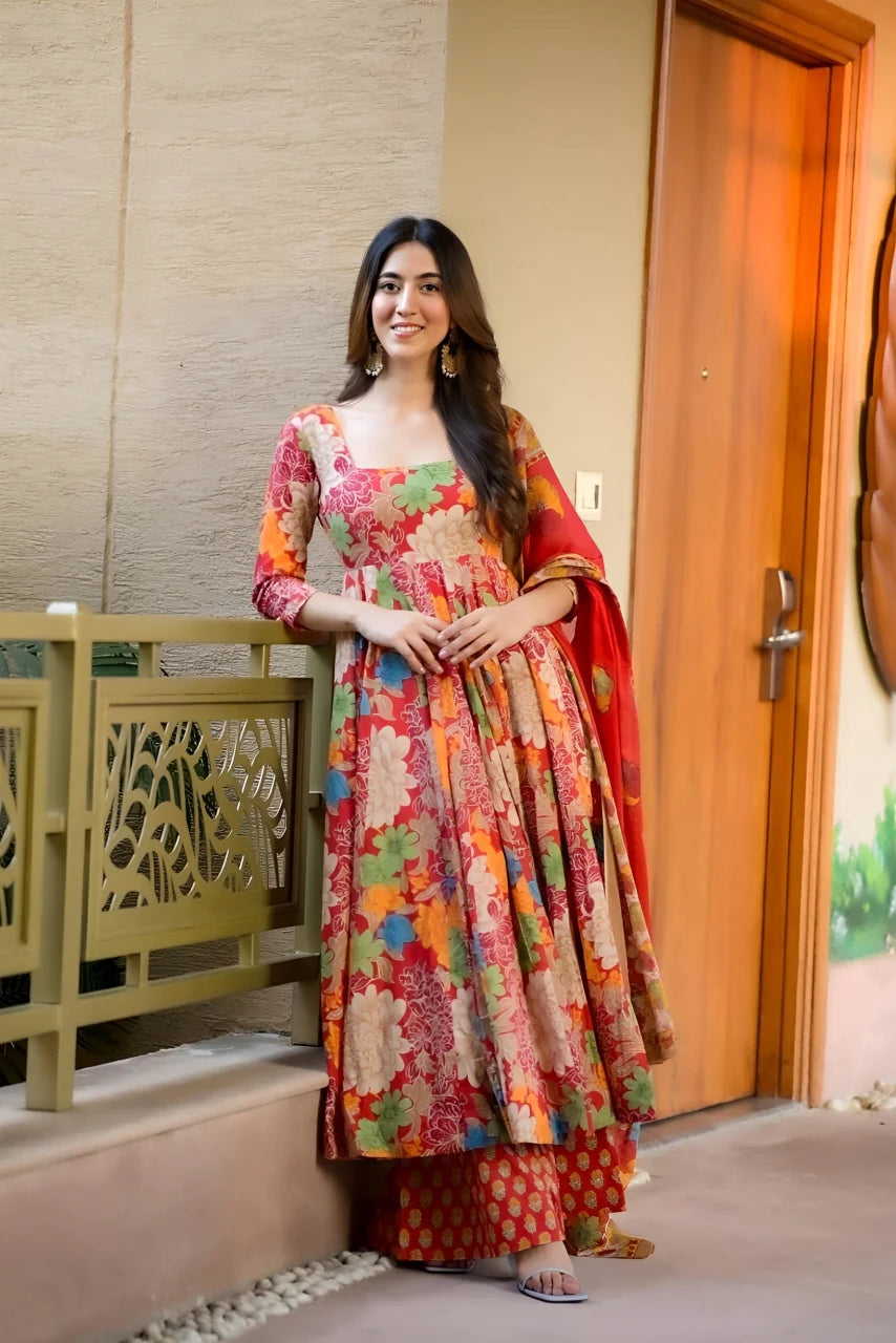 Red Floral Anarkali Gown with Dupatta Online β Festive Indian Dress