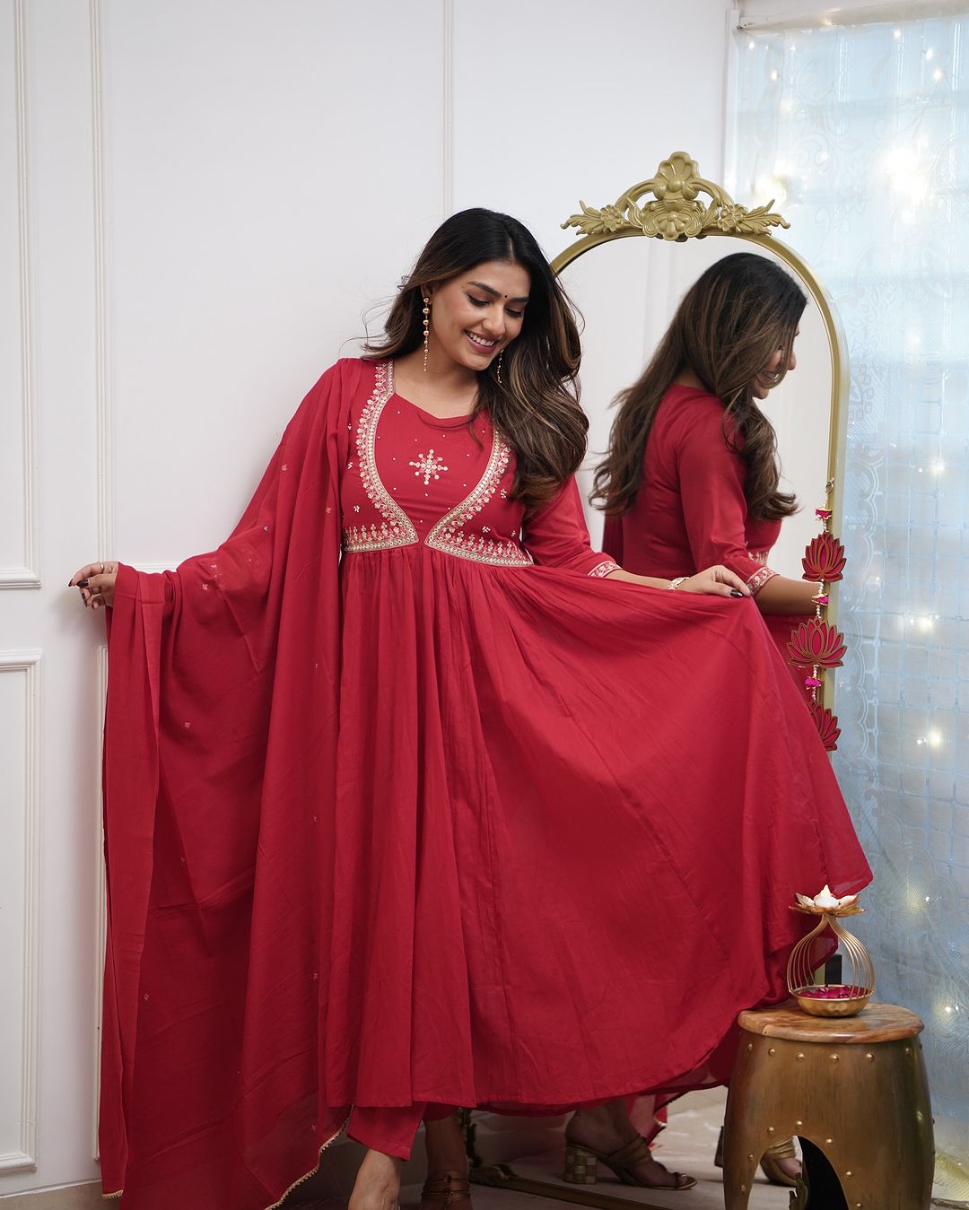 Elegant Red Embroidered Anarkali Kurta Set with Dupatta β Traditional Ethnic Wear for Women