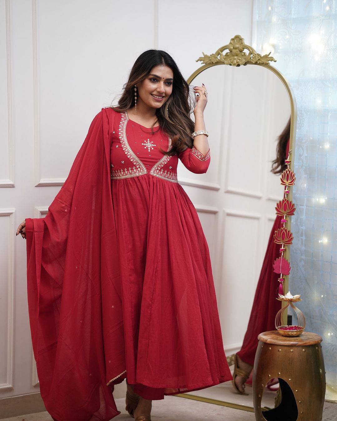 Elegant Red Embroidered Anarkali Kurta Set with Dupatta β Traditional Ethnic Wear for Women