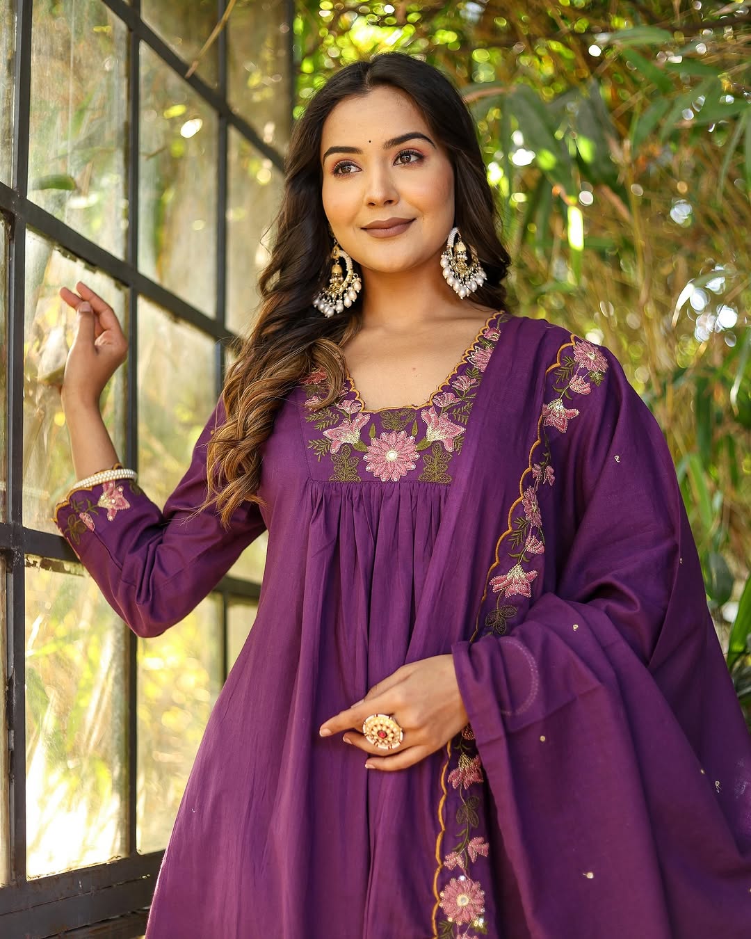 Purple Designer Embroidered Anarkali Kurta Set with Dupatta – Flared Ethnic Outfit