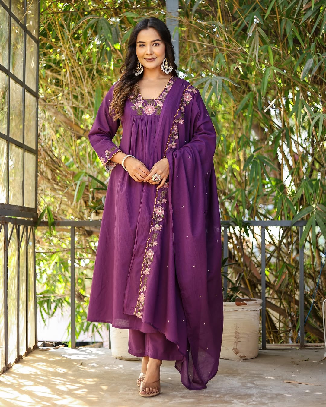 Purple Designer Embroidered Anarkali Kurta Set with Dupatta – Flared Ethnic Outfit