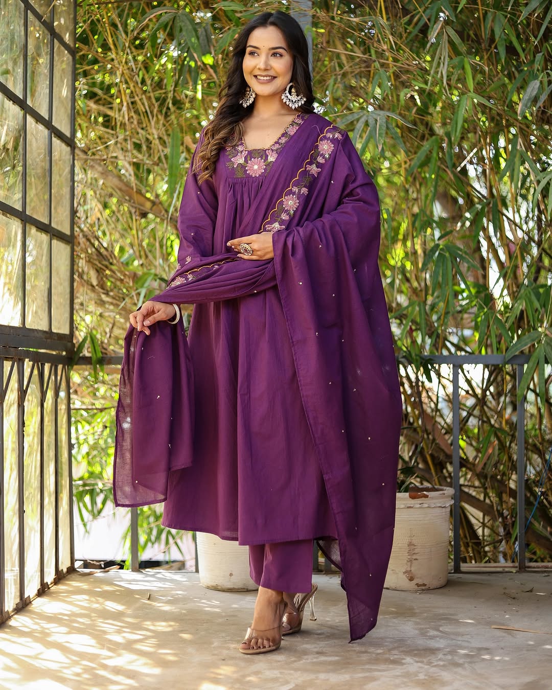 Purple Designer Embroidered Anarkali Kurta Set with Dupatta – Flared Ethnic Outfit