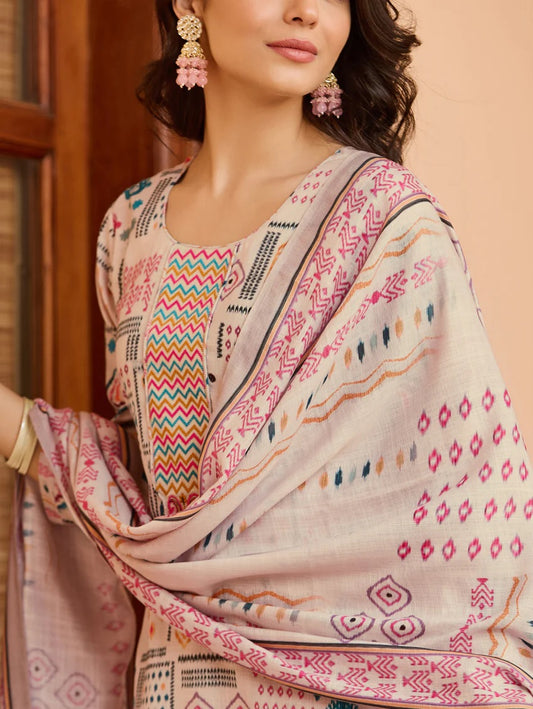 Cream Abstract Printed Cotton Kurta Set with Pants & Dupatta