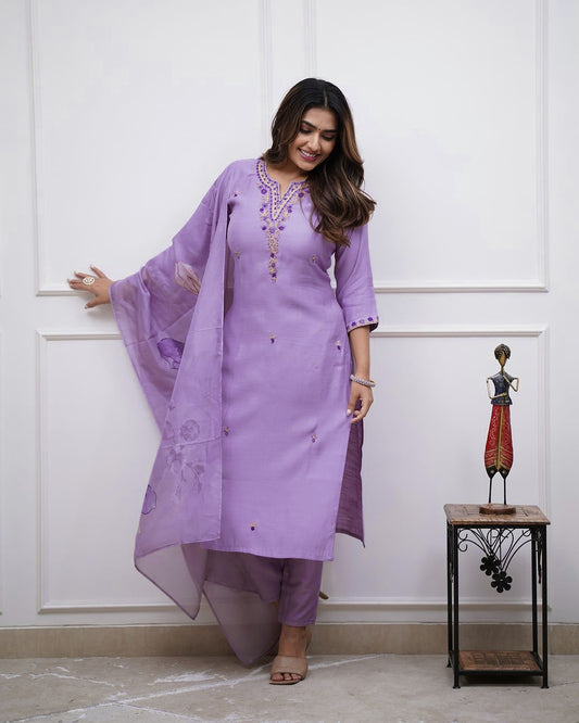 Purple Embroidered Rayon Kurta Set with Pants & Dupatta