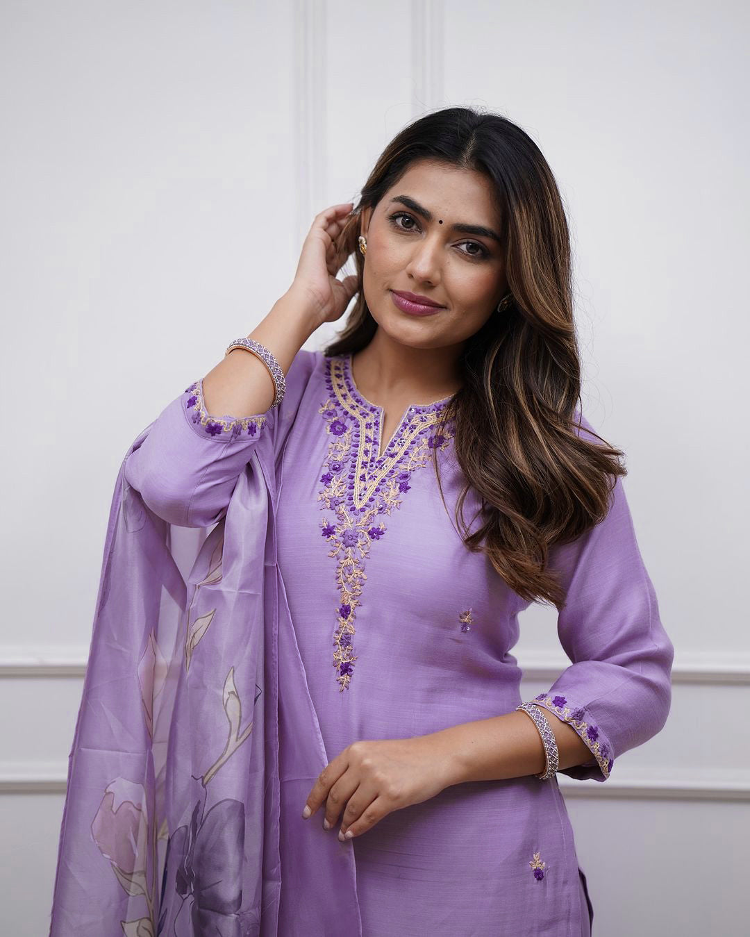 Purple Embroidered Rayon Kurta Set with Pants & Dupatta