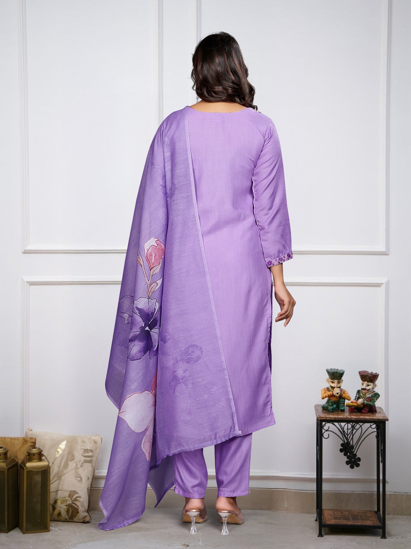 Purple Embroidered Rayon Kurta Set with Pants & Dupatta