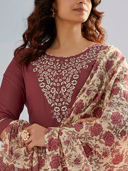 Wine Red Embroidered Kurta Set with Pants & Dupatta – Ethnic Wear