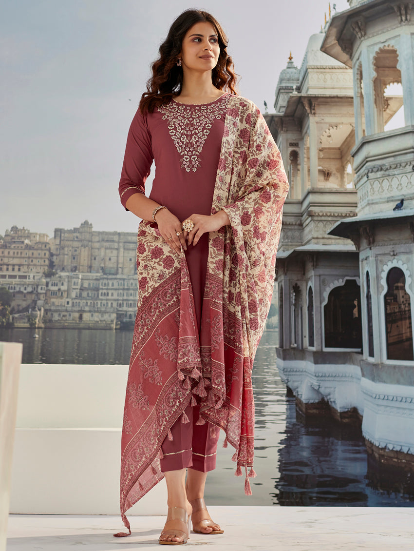Wine Red Embroidered Kurta Set with Pants & Dupatta – Ethnic Wear