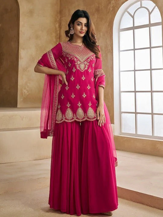 Pinkish Red Embroidered Kurta Sharara Set with Dupatta for Women | Festive & Wedding Wear