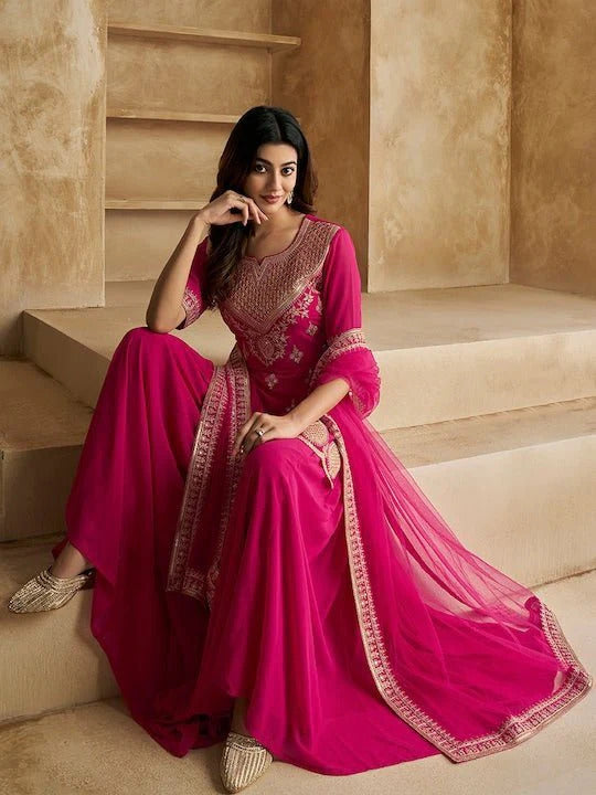 Pinkish Red Embroidered Kurta Sharara Set with Dupatta for Women | Festive & Wedding Wear