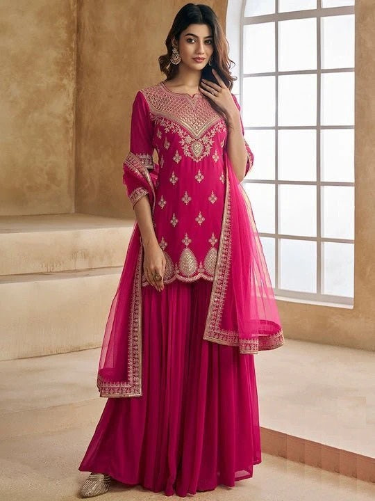 Pinkish Red Embroidered Kurta Sharara Set with Dupatta for Women | Festive & Wedding Wear
