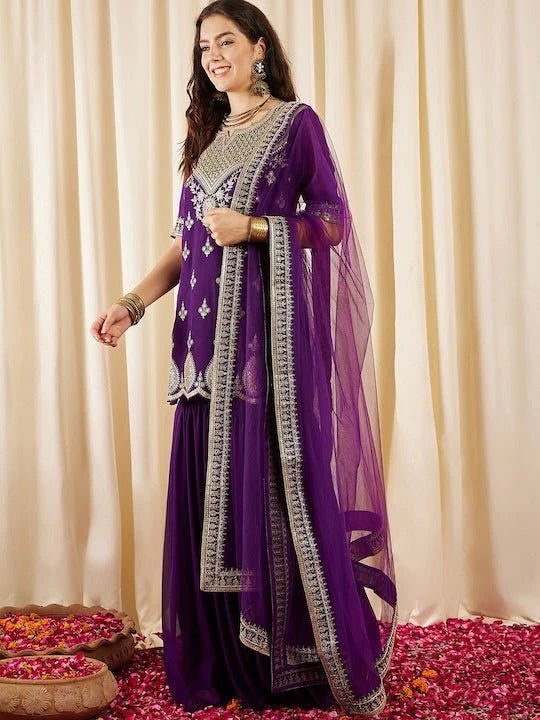 Purple Embroidered Kurta Sharara Set with Dupatta for Women | Festive & Wedding Wear