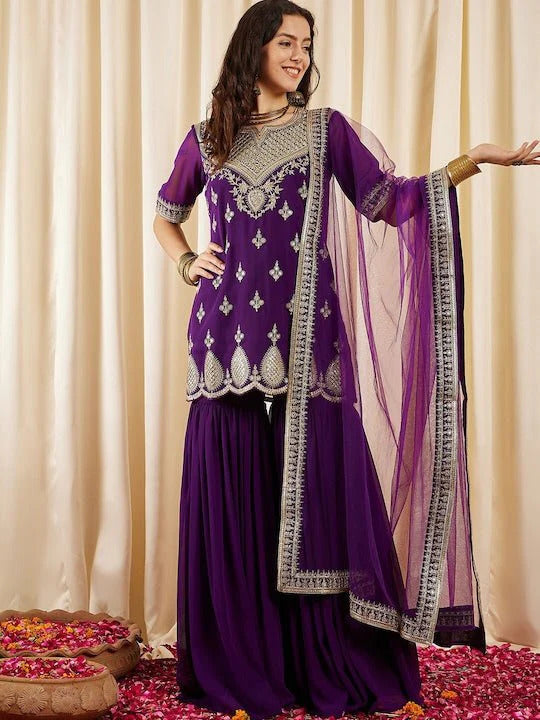 Purple Embroidered Kurta Sharara Set with Dupatta for Women | Festive & Wedding Wear