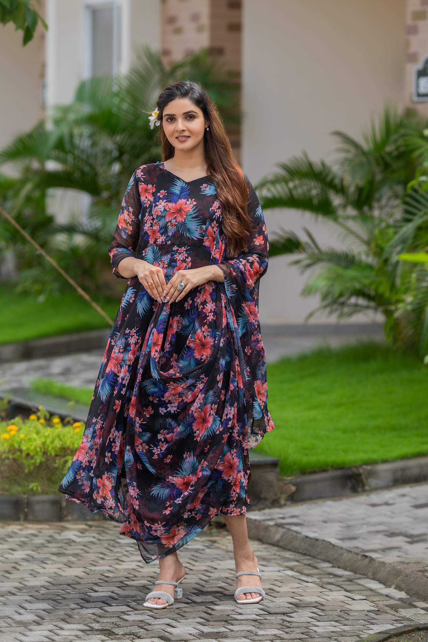 Black Floral Printed Faux Georgette Maxi Dress with Dupatta