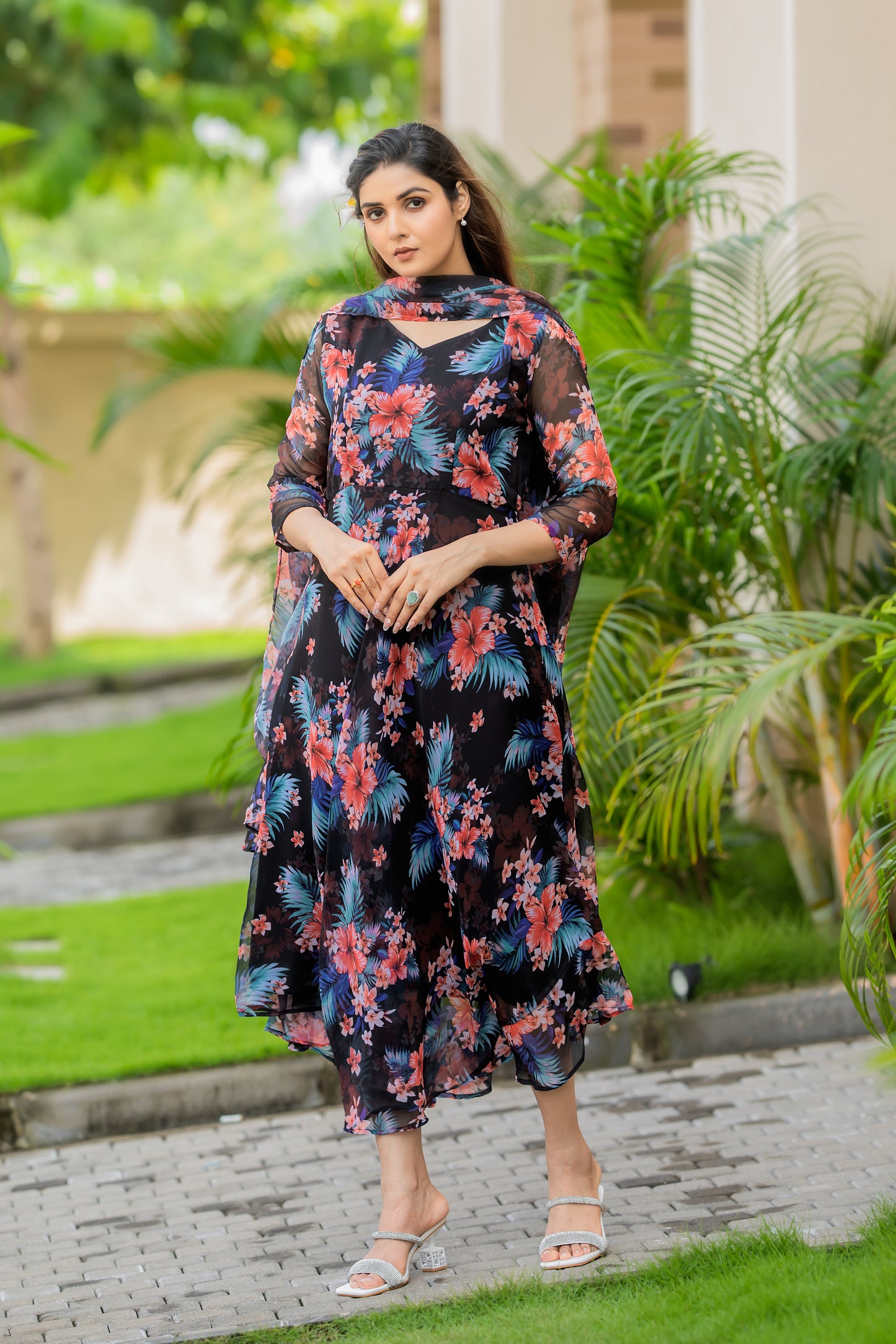 Black Floral Printed Faux Georgette Maxi Dress with Dupatta